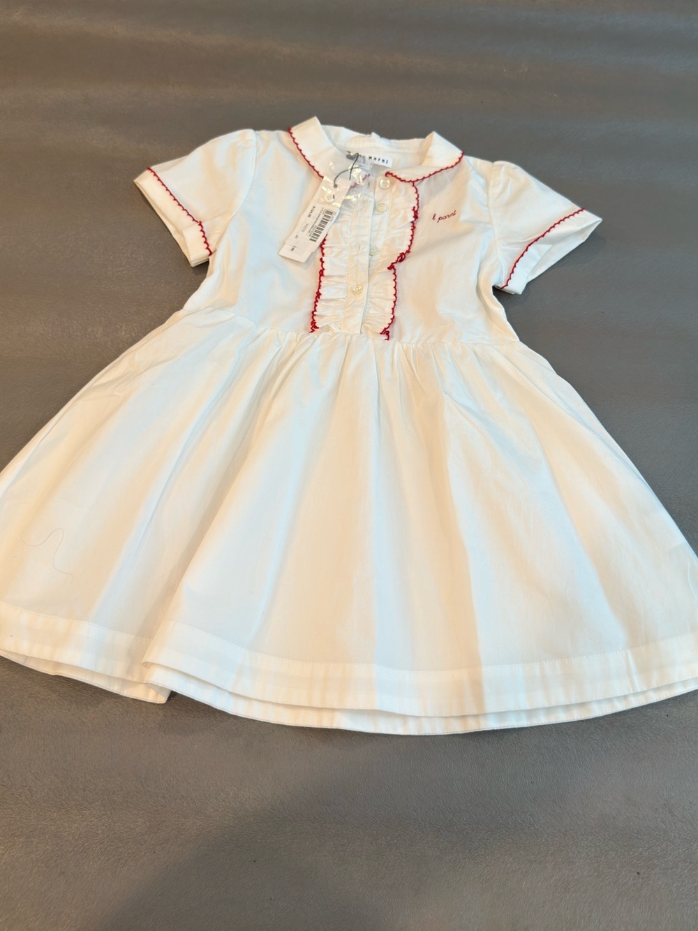 Little Parni White Cotton Girls' Dress with Red Trim. Size 4